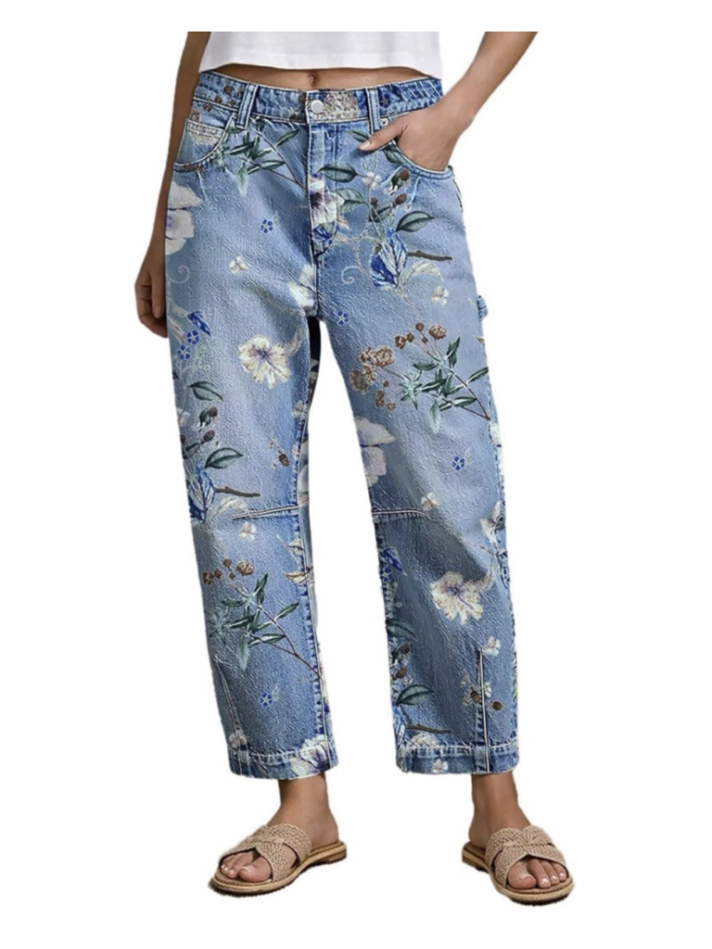 Flamingals Mid Rise Barrel Leg Wash Floral Print Jeans for Women XS